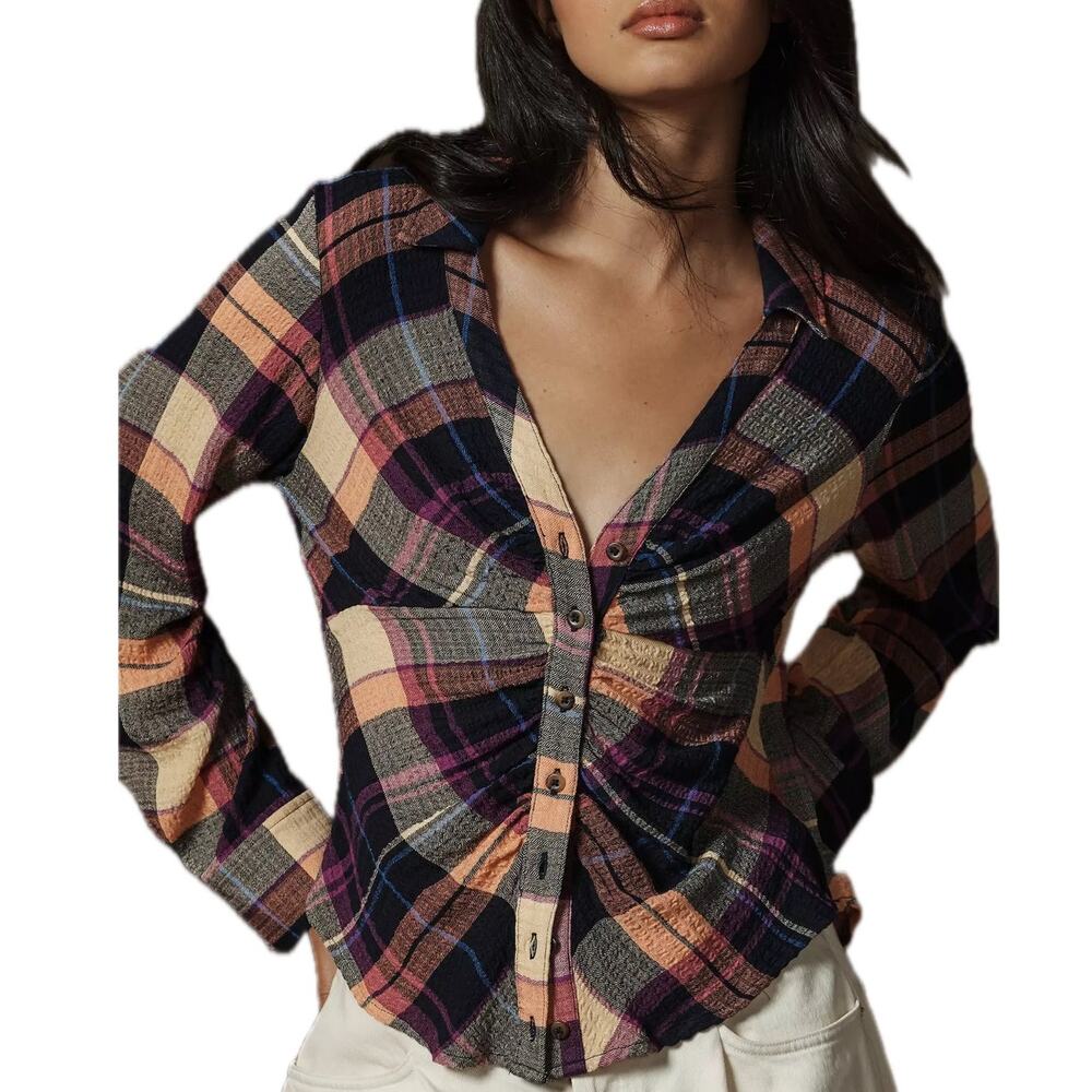 Anthropologie Western Boho Pilcro Ruched Deep V Plaid Button Down Shirt